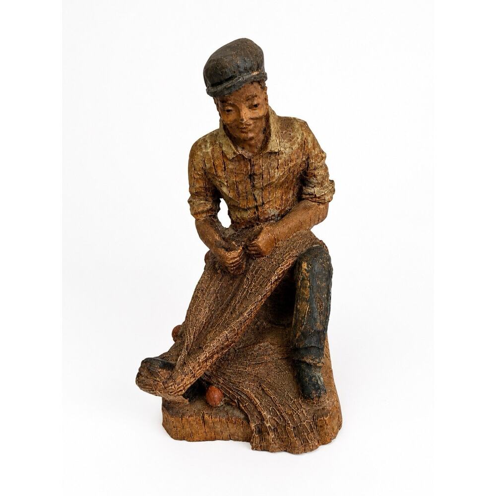 Vintage French Style Fisherman Figurine Net Carved Wood Look Rustic